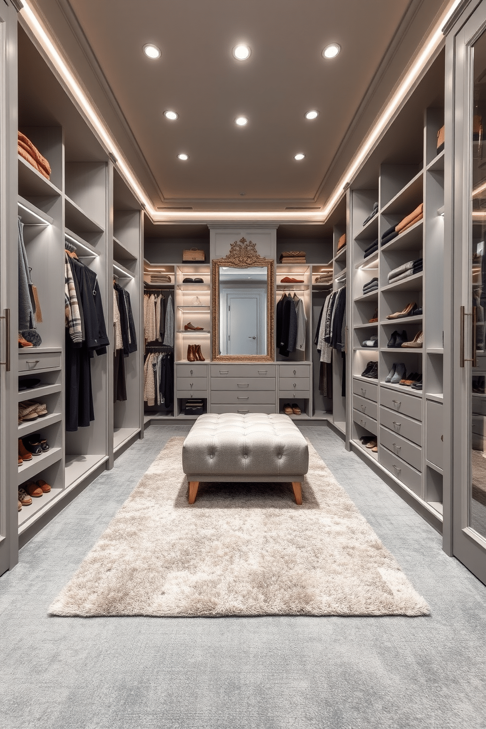 A luxurious walk-in closet featuring layered rugs that enhance the sense of warmth and texture. The space is elegantly organized with custom shelving, hanging rods, and a plush ottoman in the center, creating a perfect blend of functionality and style. Soft gray tones dominate the design, with walls painted in a light gray hue and a darker gray carpet that complements the layered rugs. Ambient lighting highlights the accessories and shoes displayed on open shelves, while a full-length mirror reflects the sophisticated atmosphere of the closet.