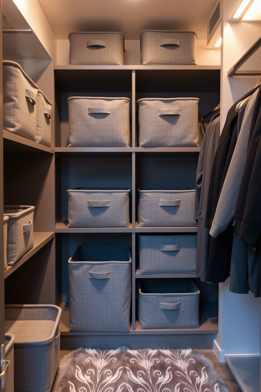 A stylish walk-in closet featuring gray fabric storage bins neatly arranged on shelves. The walls are adorned with soft lighting, and a plush area rug complements the elegant gray tones throughout the space.