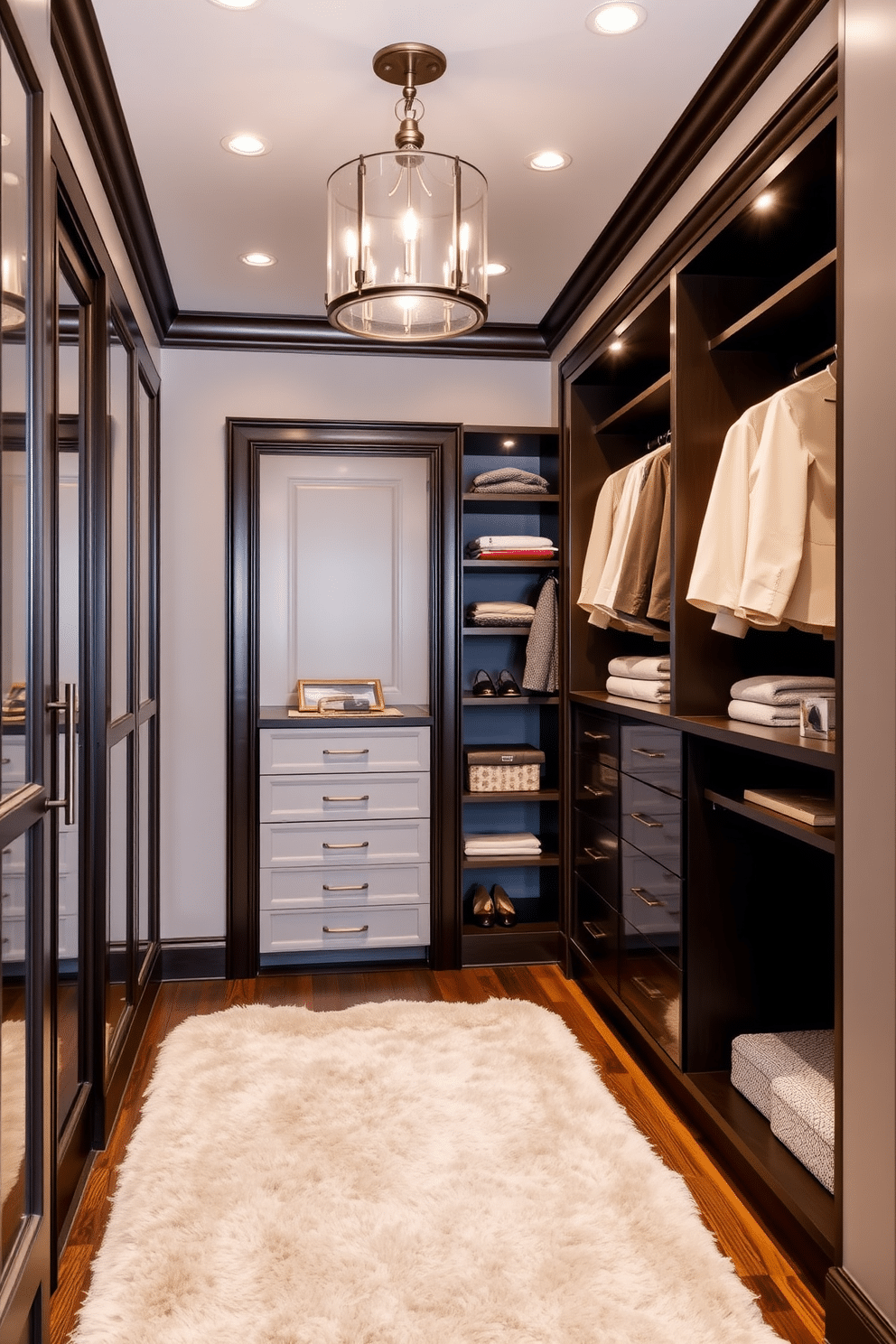 A luxurious walk-in closet featuring light gray walls complemented by dark wood trim. The space is organized with custom shelving, elegant lighting fixtures, and a plush area rug that adds warmth to the sophisticated design.