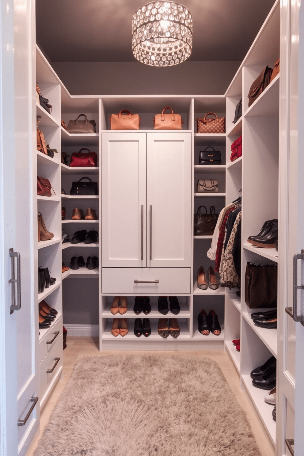 Artistic display of handbags and shoes. The closet features custom shelving with a mix of open and closed storage, allowing for both display and organization. Gray walk-in closet design ideas. Soft gray walls are complemented by sleek white cabinetry, with a plush area rug underfoot to add warmth and comfort.