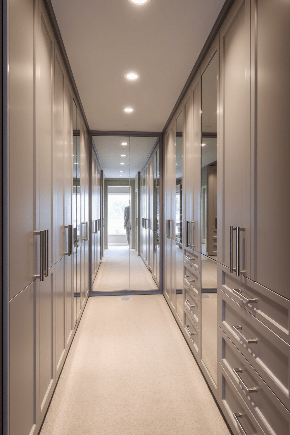 A luxurious walk-in closet featuring floor-to-ceiling mirrors that enhance the sense of spaciousness. The design incorporates soft gray cabinetry with sleek, modern hardware, complemented by plush carpeting in a lighter shade.