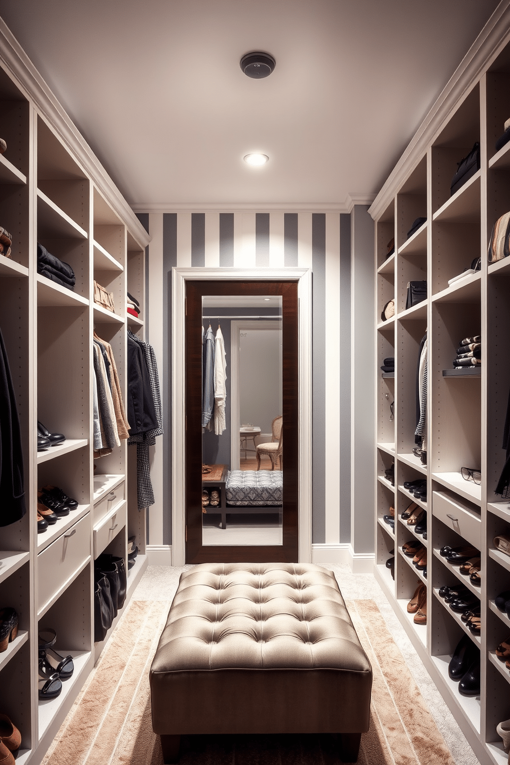 A stylish walk-in closet featuring gray and white striped wallpaper that adds a touch of elegance. The space includes custom shelving and hanging racks, with a plush ottoman in the center for added comfort. Soft lighting illuminates the closet, highlighting the organized display of shoes and accessories. A full-length mirror is positioned strategically to enhance the sense of space and functionality.