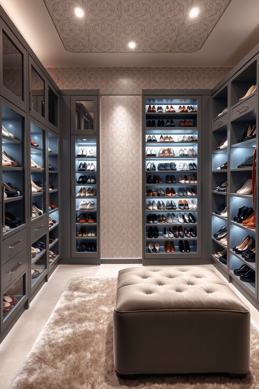 A luxurious walk-in closet featuring customized shoe racks with a sleek gray finish. The space is illuminated by soft, ambient lighting, highlighting the organized rows of shoes arranged by color and style. The walls are adorned with elegant wallpaper in a subtle texture, complementing the gray cabinetry. A plush area rug in a soft hue adds warmth, while a stylish ottoman provides a comfortable spot for trying on footwear.