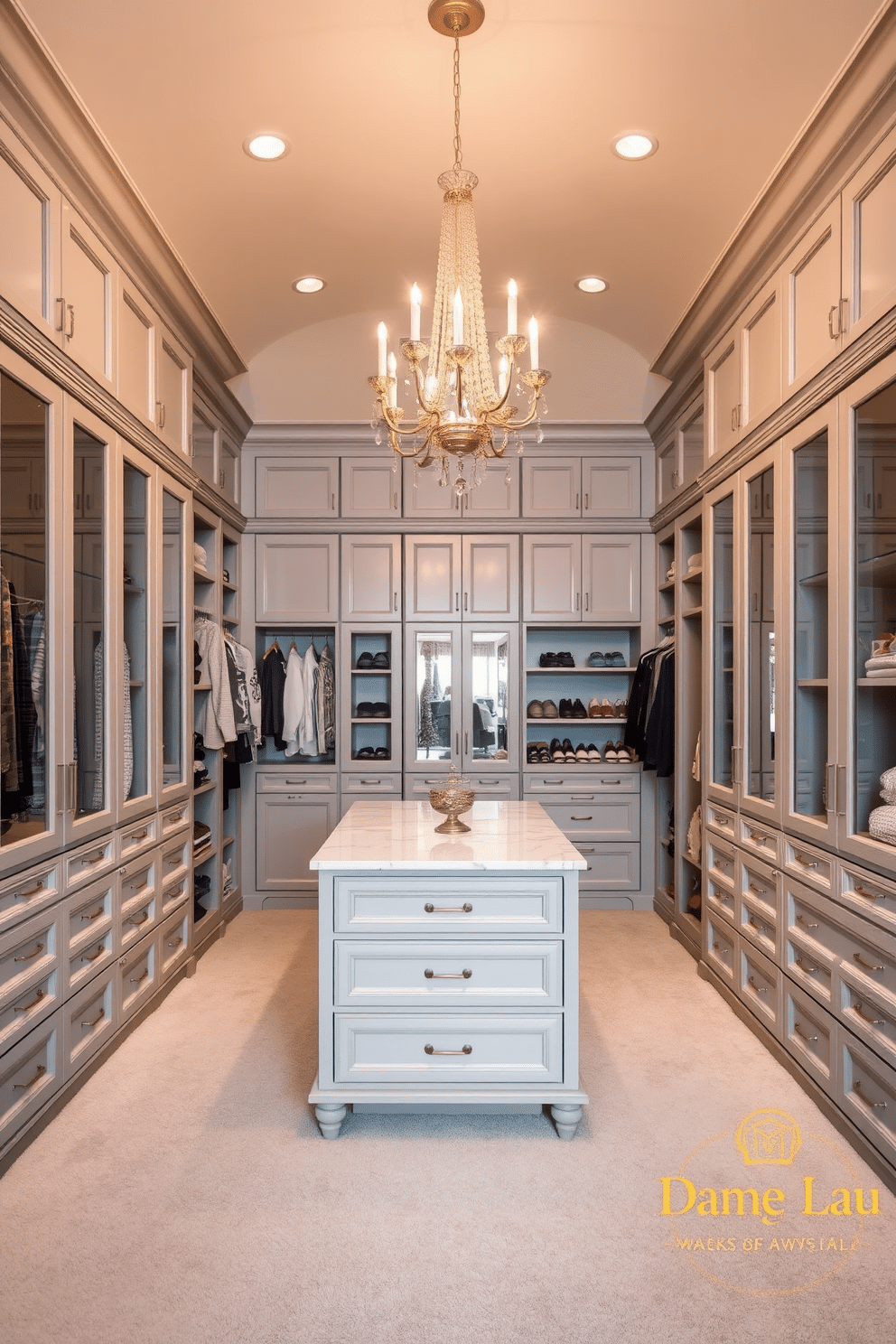 A stunning walk-in closet features an elegant chandelier hanging from a high ceiling, casting a warm glow over the space. The walls are lined with custom cabinetry in a soft gray finish, providing ample storage for clothing and accessories. The closet is designed with a plush, light gray carpet underfoot, enhancing the luxurious feel. A stylish island in the center offers additional drawers and a marble top, perfect for displaying jewelry and other personal items.