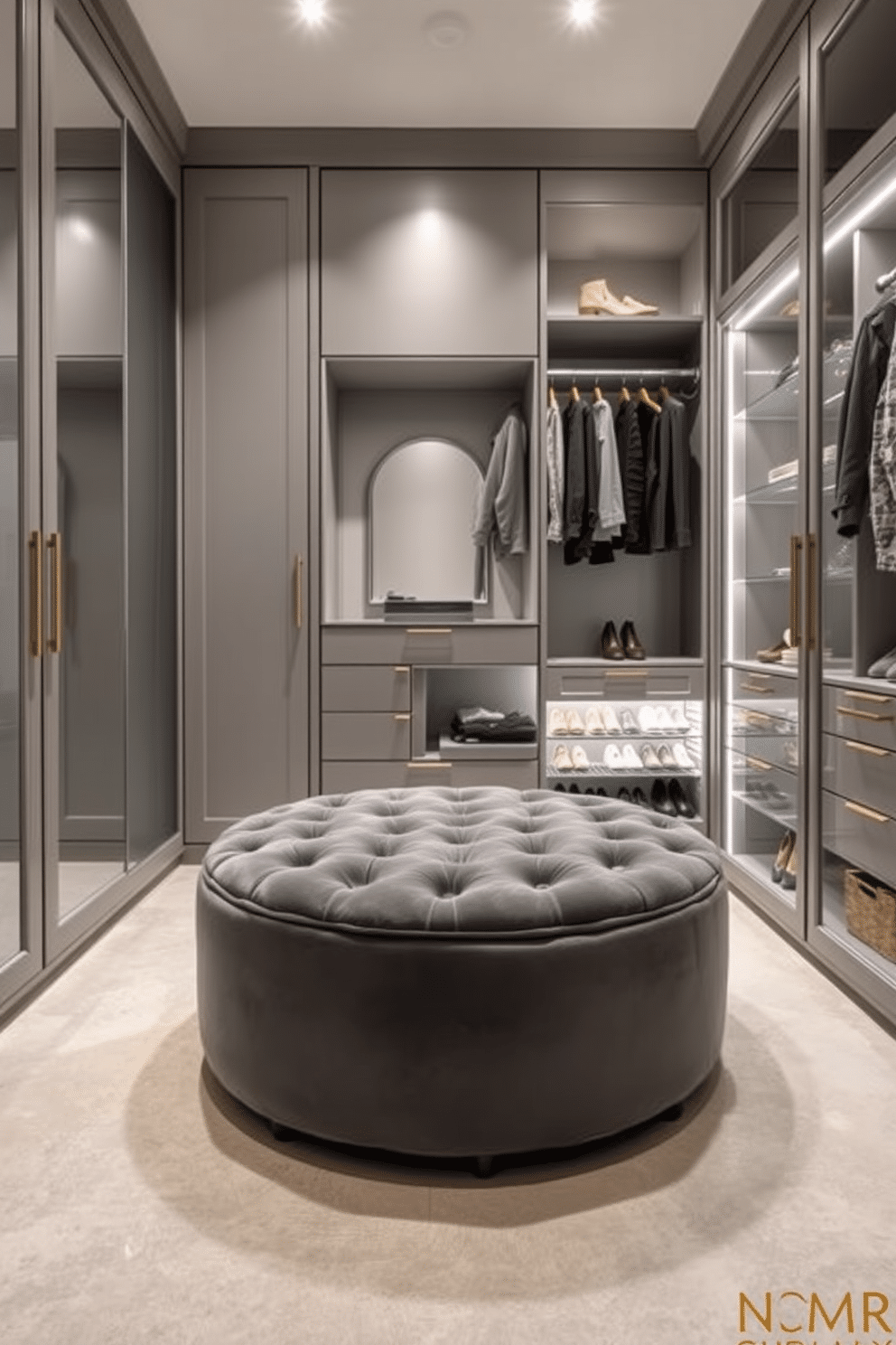 A luxurious gray velvet ottoman serves as a stylish seating option, positioned in the center of a chic dressing area. Surrounding the ottoman, soft lighting illuminates the space, enhancing the plush texture of the fabric. The walk-in closet features a sleek design with custom shelving and hanging space, all in a muted gray palette. Elegant glass doors open to reveal neatly organized shoes and accessories, creating a sophisticated and functional storage solution.