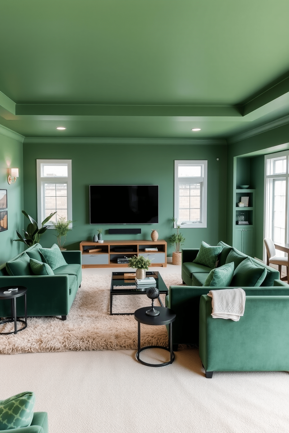 Cozy emerald green media room design. The walls are painted a rich emerald green, complemented by plush velvet seating arranged around a sleek coffee table. Soft lighting fixtures create a warm ambiance, while a large flat-screen TV is mounted above a modern entertainment unit, adorned with decorative shelves. A thick area rug anchors the space, and potted plants add a touch of nature to the room. Green basement design ideas. The basement features a light mint green color scheme that brightens the space, with comfortable seating areas for relaxation and entertainment. Large windows allow natural light to flood in, while built-in shelving and a wet bar enhance functionality and style.