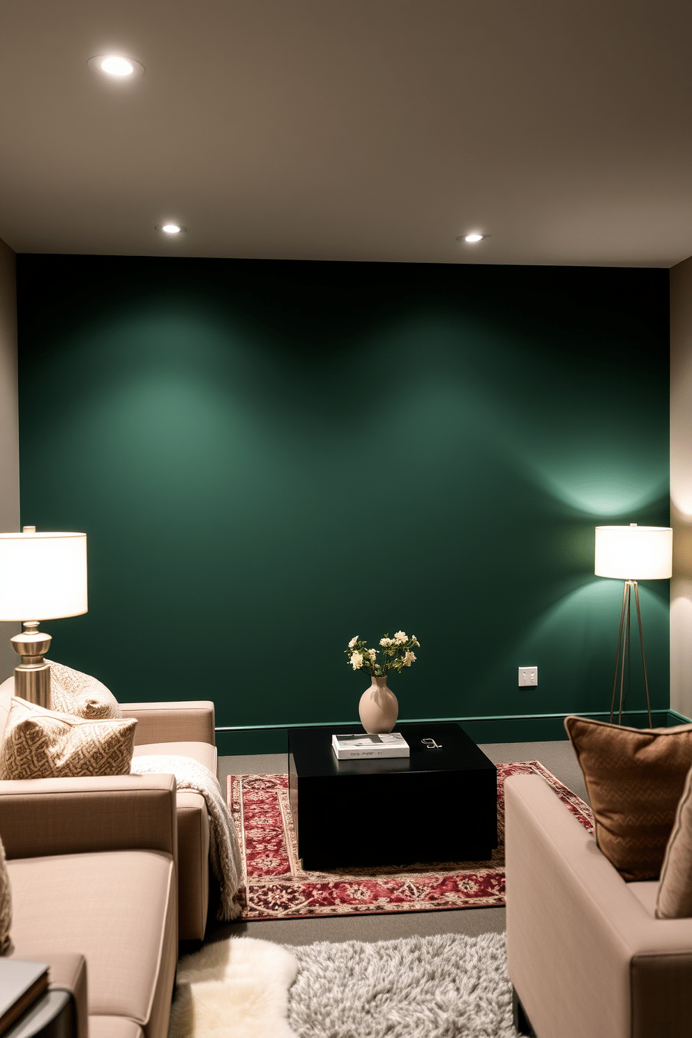 A bold forest green feature wall creates a striking focal point in the basement, enhancing the room's depth and richness. Complemented by soft, neutral furnishings, the space feels both inviting and sophisticated. Incorporating layered lighting options, such as recessed lights and stylish floor lamps, adds warmth and ambiance to the green basement. A mix of textures, like plush rugs and sleek furniture, brings a modern touch while maintaining comfort.