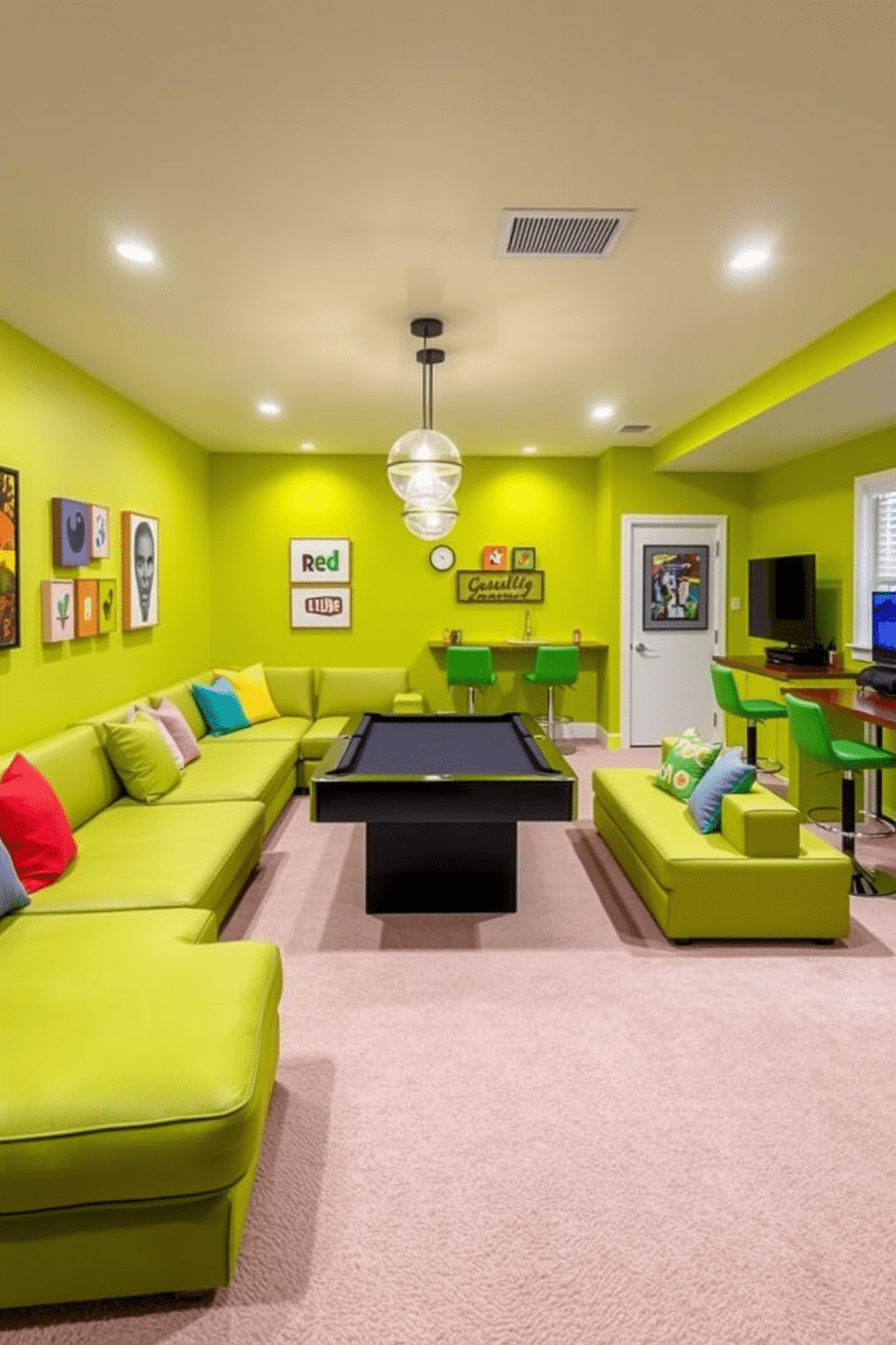 A playful game area designed in vibrant lime green, featuring a large sectional sofa adorned with colorful cushions. The walls are decorated with playful wall art, and a sleek pool table occupies the center, surrounded by modern pendant lighting. The basement is designed with a cozy yet fun atmosphere, incorporating lime green accents throughout the space. A mini bar with high stools and a gaming console area enhances the entertainment vibe, while soft carpet underfoot adds comfort.