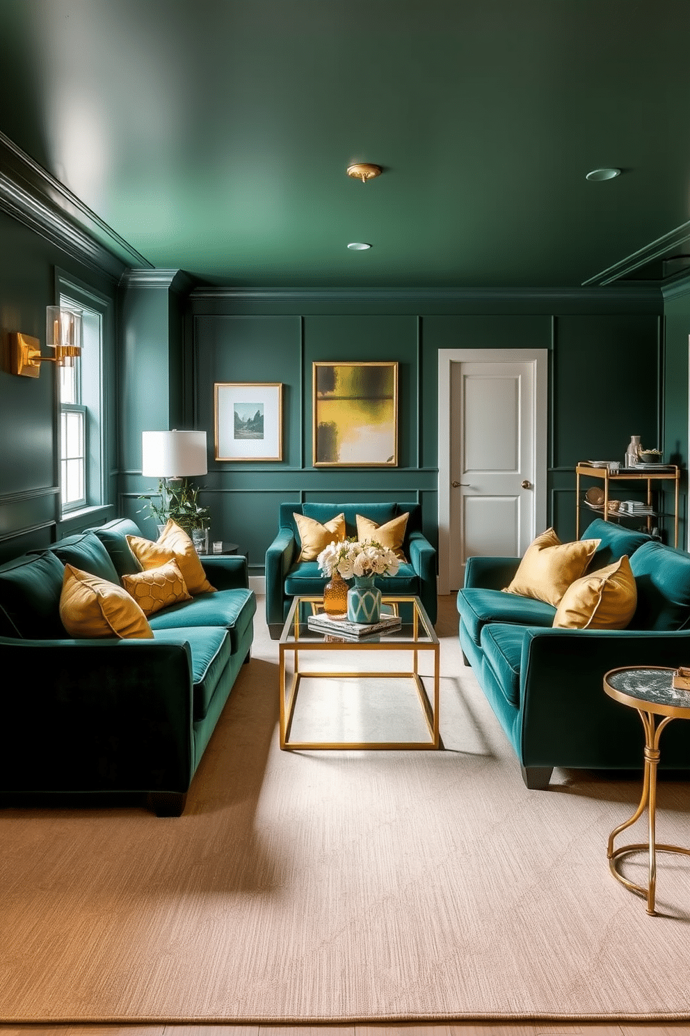 A stylish basement retreat featuring a rich green color palette complemented by gold accents. The space includes plush emerald green sofas adorned with golden throw pillows, and a chic coffee table with a gold frame in the center. The walls are painted in a deep forest green, creating a cozy atmosphere, while gold light fixtures add a touch of elegance. A large area rug in subtle gold patterns anchors the seating area, and a bar cart with gold detailing sits against one wall, ready for entertaining.