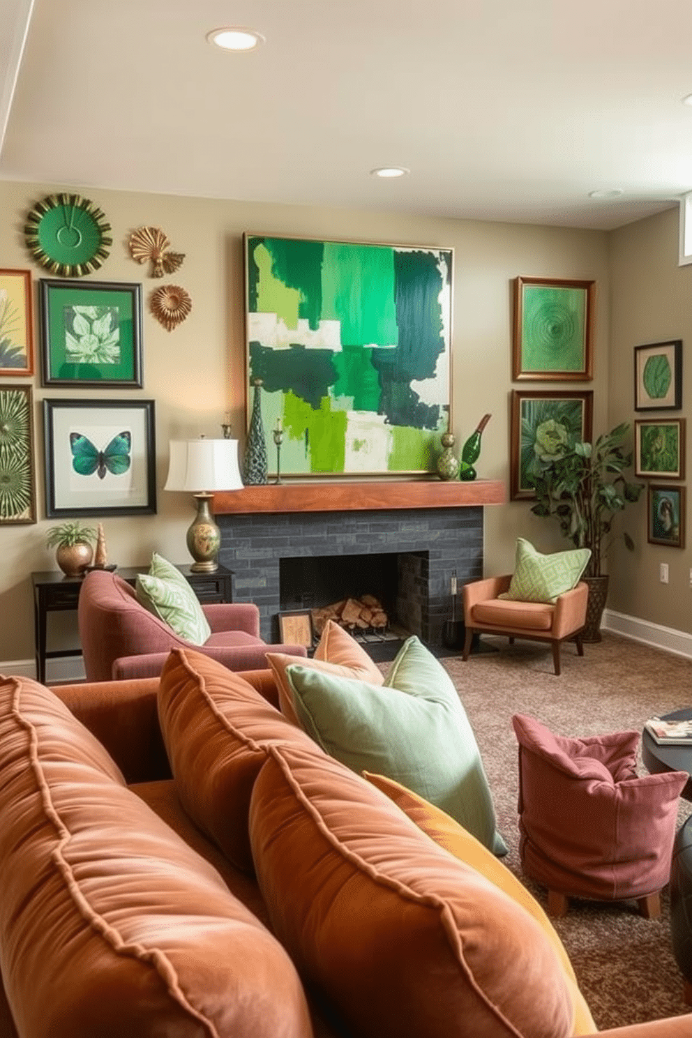 Eclectic green art pieces adorn the walls, showcasing a vibrant mix of styles and textures that reflect the homeowner's unique personality. A large abstract painting in varying shades of green serves as a focal point, complemented by smaller framed pieces that add depth and intrigue. The basement features a cozy lounge area with plush seating in earthy tones, creating a warm and inviting atmosphere. Natural light filters in through strategically placed windows, highlighting the eclectic decor and enhancing the overall design.