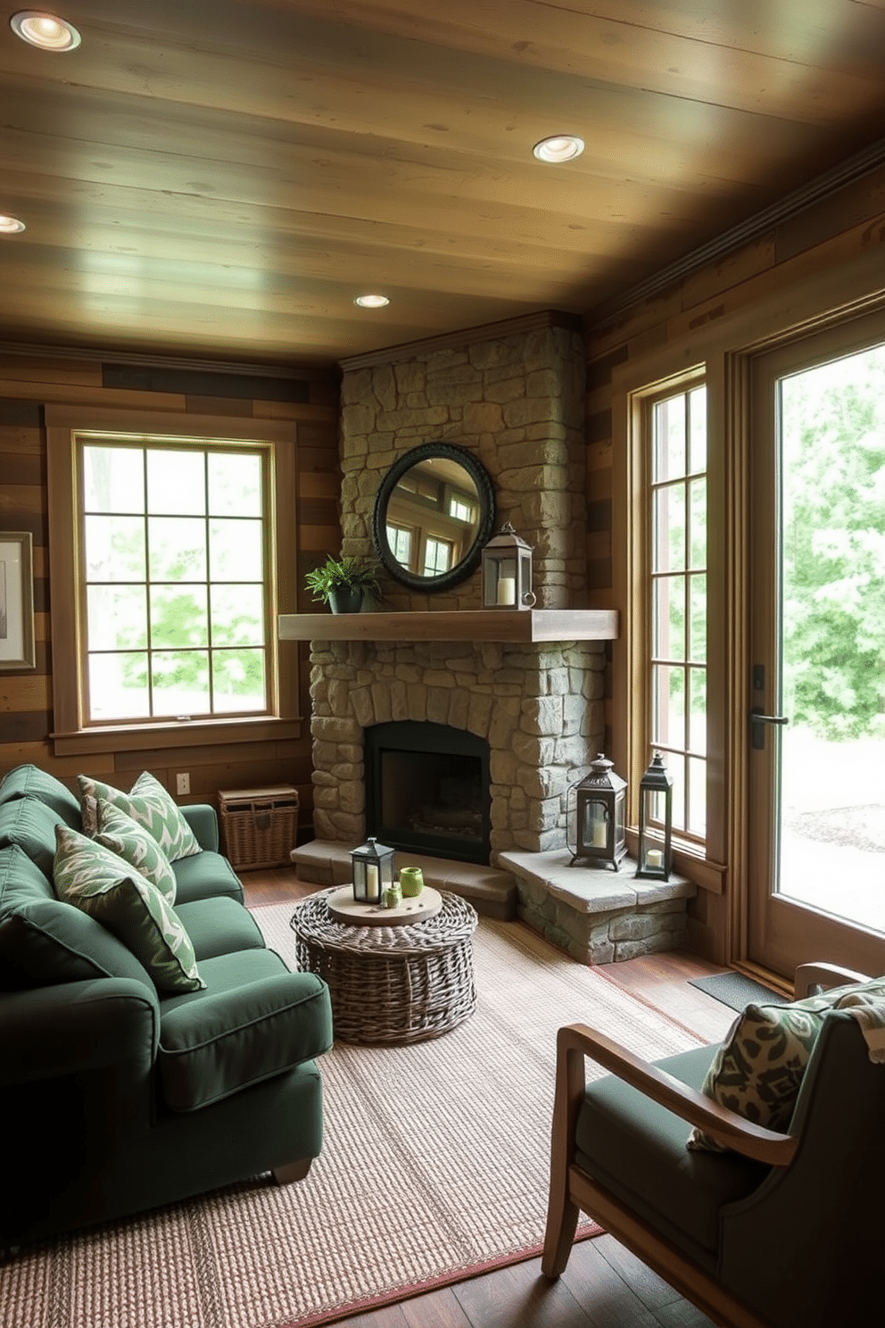 A cozy basement retreat featuring earthy green tones that evoke a rustic atmosphere. The walls are adorned with reclaimed wood paneling, complemented by a plush, deep green sectional sofa and a woven area rug. Natural light filters in through large, multi-paned windows, showcasing the lush greenery outside. A stone fireplace serves as the focal point, surrounded by comfortable seating and rustic decor elements like vintage lanterns and wooden accents.