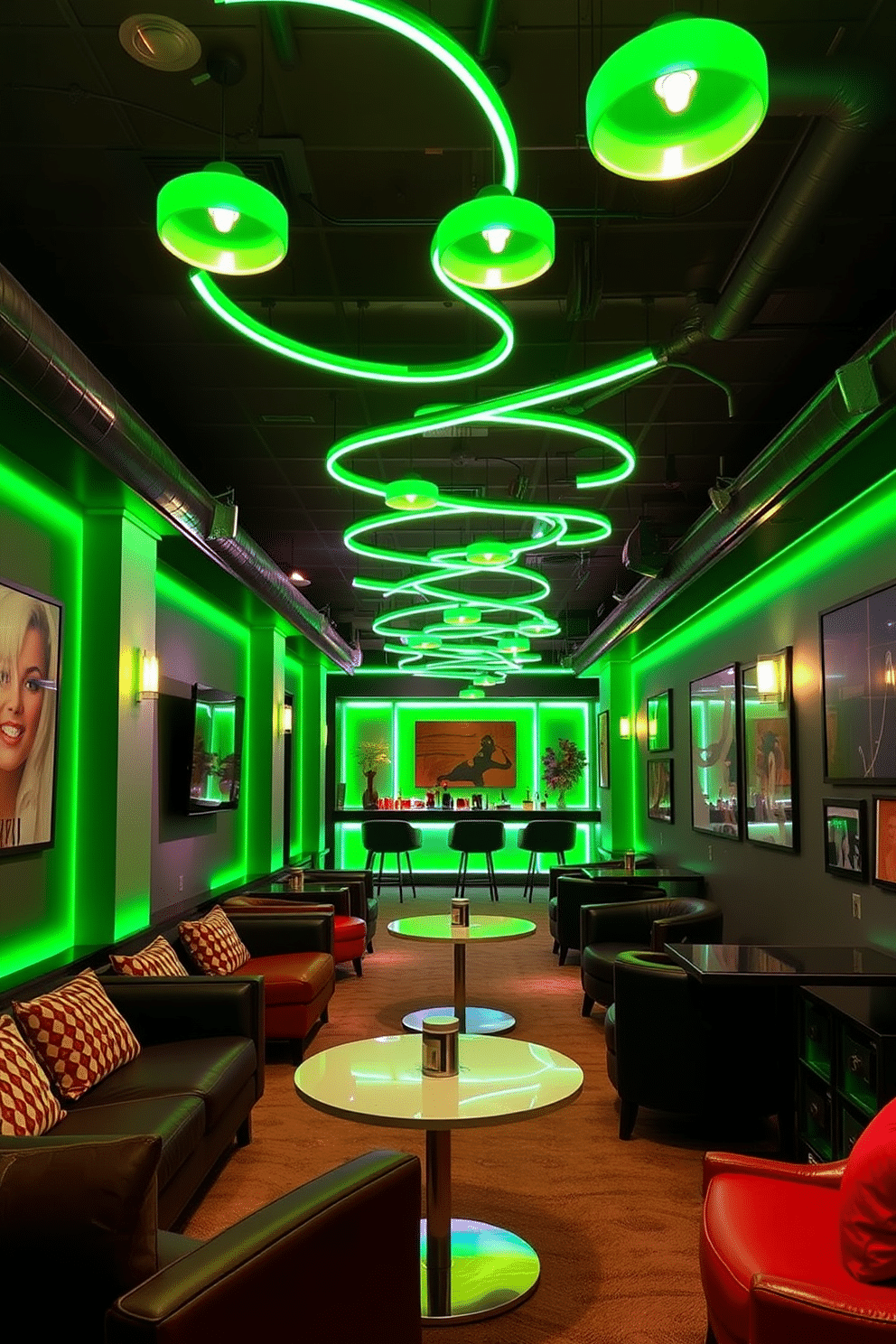 A vibrant basement space designed for entertainment features bright green lighting fixtures that illuminate the area with a playful glow. The walls are adorned with contemporary art, and the furniture includes a mix of cozy seating and sleek tables, creating a lively atmosphere perfect for gatherings.