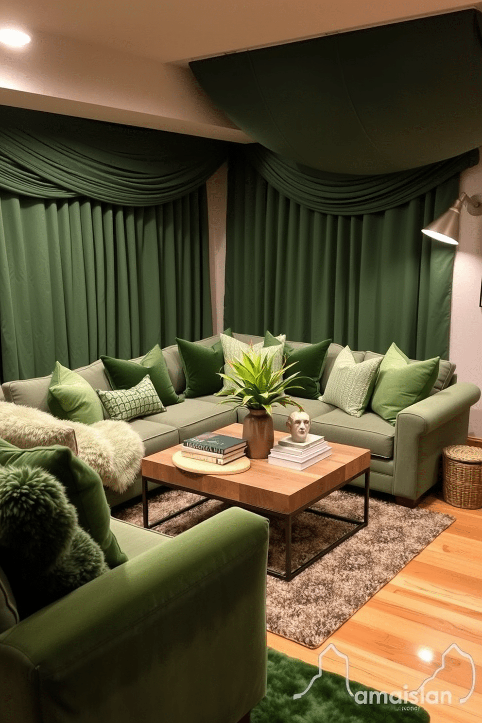 A cozy basement retreat featuring layered green textiles that enhance warmth and style. Plush green rugs, throw pillows, and curtains create a harmonious atmosphere, complemented by soft lighting fixtures that add to the inviting ambiance. The space includes a comfortable sectional sofa adorned with various shades of green fabrics, surrounded by natural wood accents. A statement coffee table sits at the center, adorned with decorative books and a vibrant plant, creating a perfect balance of comfort and elegance.