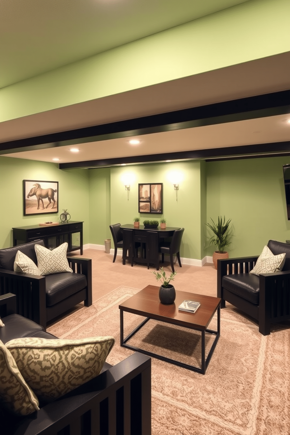 Light green accent walls create a refreshing backdrop that beautifully contrasts with dark wooden furniture. The space features plush seating and a stylish coffee table, perfect for a cozy gathering area. Incorporating soft lighting fixtures enhances the inviting atmosphere, while decorative elements like artwork and plants add personality. The dark furniture provides a modern touch, ensuring the basement feels both sophisticated and comfortable.