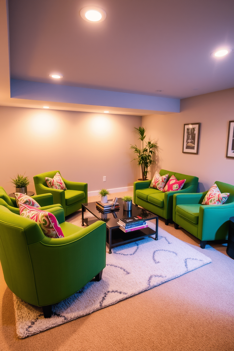 A cozy basement lounge featuring green accent chairs adorned with colorful cushions that pop against the neutral backdrop. The space is illuminated by soft, warm lighting, creating an inviting atmosphere perfect for relaxation and entertainment. The walls are painted in a light gray hue, complemented by a plush area rug that adds texture underfoot. A stylish coffee table sits in the center, surrounded by decorative elements like books and potted plants, enhancing the vibrant yet calming ambiance.