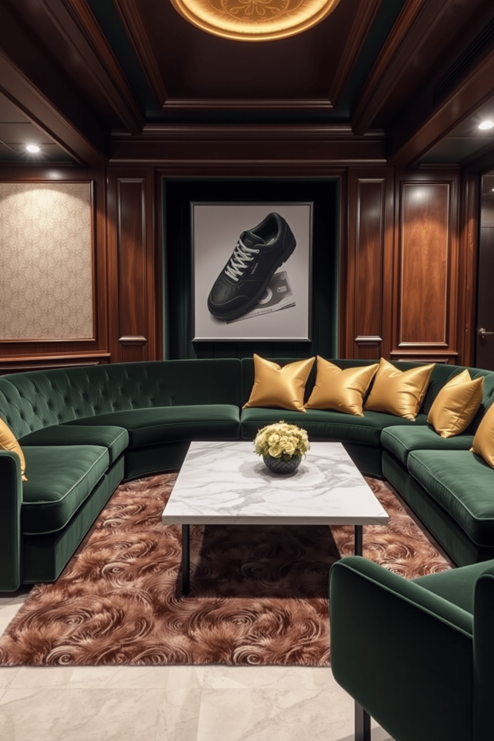 A luxurious basement lounge featuring elegant dark green velvet upholstery on a plush sectional sofa, complemented by gold accent pillows. The walls are adorned with rich wood paneling, and a sleek marble coffee table sits in the center, surrounded by a soft area rug that adds warmth to the space.