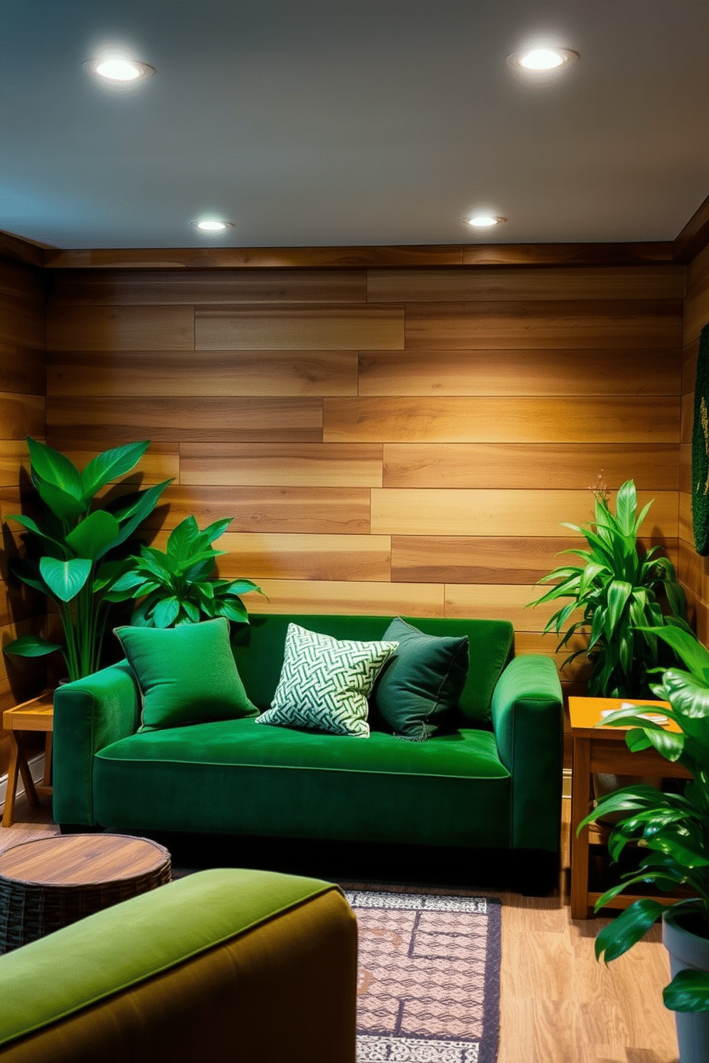 A cozy basement retreat featuring natural wood accents and lush green decor. The walls are clad in warm wooden panels, while vibrant green plants are strategically placed to bring life to the space. A stylish seating area includes a plush green sofa paired with wooden side tables. Soft lighting from recessed fixtures creates an inviting atmosphere, highlighting the natural textures of the wood and the richness of the greenery.