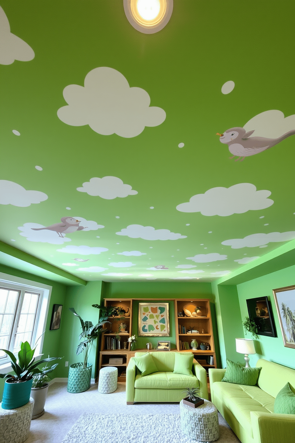 A whimsical green ceiling features enchanting murals of clouds and playful woodland creatures, creating a dreamy atmosphere in the space. Soft, ambient lighting enhances the whimsical feel, making the ceiling a focal point that draws the eye upward. The basement is designed with a cozy lounge area, incorporating plush seating and vibrant green accents that echo the ceiling's theme. Large windows let in natural light, while decorative plants and art pieces add a touch of nature to this inviting retreat.