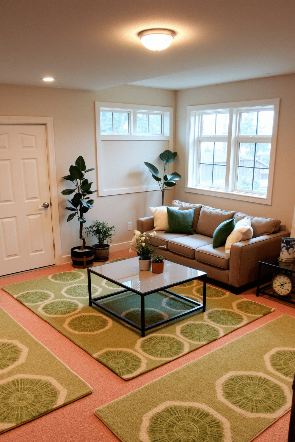 A cozy basement retreat featuring subtle green patterns in the area rugs that complement the earthy tones of the furniture. The walls are painted a soft beige, creating a warm and inviting atmosphere, while large windows allow natural light to filter in. In one corner, a plush sectional sofa is adorned with green and cream throw pillows, enhancing the room's serene vibe. A sleek coffee table sits atop the patterned rug, surrounded by potted plants that add a touch of nature to the space.