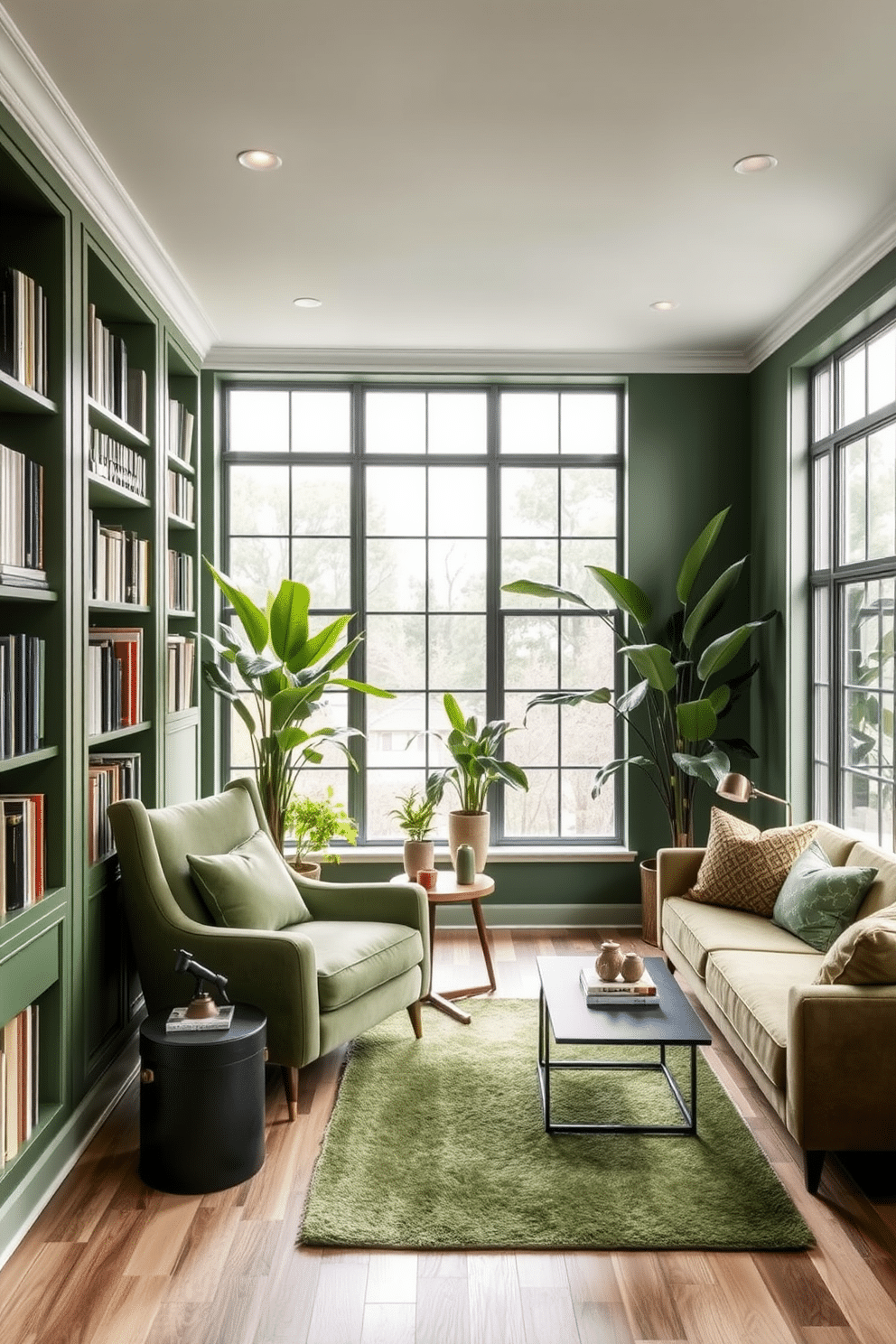 A cozy reading nook bathed in green hues, featuring a plush armchair and a small side table. The walls are lined with built-in bookshelves filled with an array of books, while a soft green rug adds warmth to the space. A stylish basement designed with a green color palette, showcasing a comfortable lounge area with a sectional sofa. Large windows allow natural light to filter in, highlighting the lush indoor plants and contemporary decor elements throughout the room.