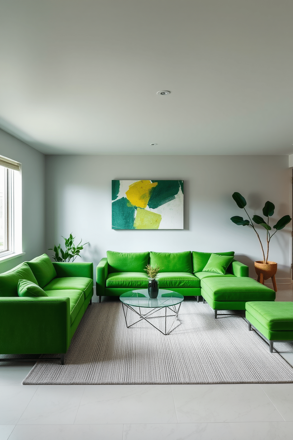 A contemporary basement design featuring green furniture with sleek lines. The space is filled with natural light, showcasing a minimalist aesthetic with a plush green sofa and a geometric coffee table. The walls are painted in a soft gray, creating a calming backdrop for the vibrant furniture. Decorative elements include a large abstract painting and indoor plants that add a touch of nature to the modern interior.