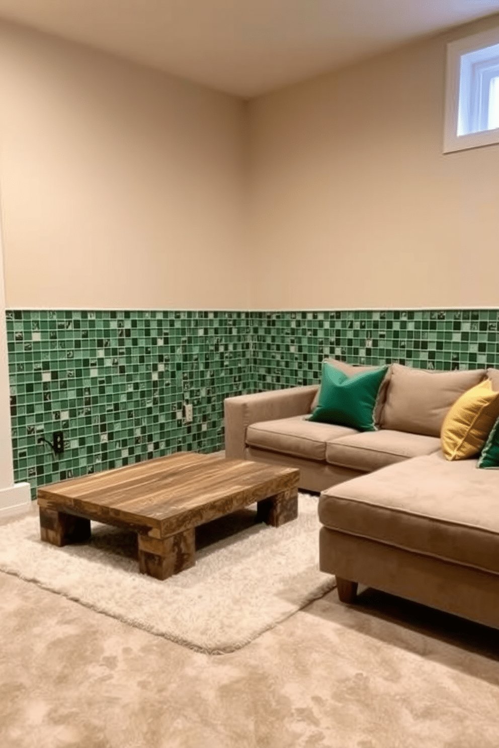 A stylish basement retreat featuring green mosaic tiles that add a unique touch to the space. The walls are adorned with soft beige paint, complementing the vibrant tiles and enhancing the room's warmth. In one corner, a cozy seating area is created with a plush sectional sofa in a neutral tone, accented by vibrant green and gold throw pillows. A sleek coffee table made of reclaimed wood sits atop a soft area rug, providing a perfect spot for relaxation and entertainment.