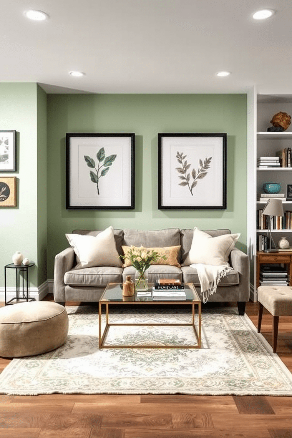 A pastel green accent wall serves as a serene backdrop, adorned with framed botanical prints that bring a touch of nature indoors. The space features a cozy seating area with plush cushions and a stylish coffee table, creating an inviting atmosphere for relaxation. Incorporating elements like a vintage rug and soft lighting enhances the basement's charm, making it a perfect retreat. Thoughtfully placed shelving displays books and decorative items, adding personality to the design while maintaining a cohesive look.