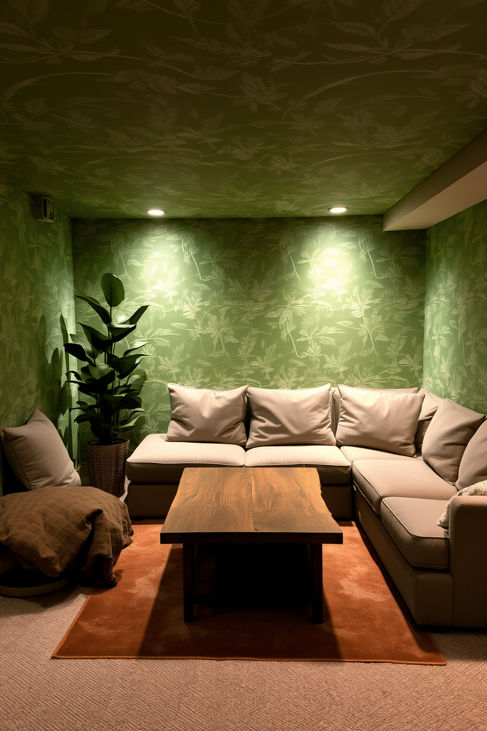 A cozy basement retreat adorned with nature-inspired green wallpaper featuring delicate leaf patterns. The space is furnished with a plush sectional sofa in earthy tones, complemented by a reclaimed wood coffee table at the center. Soft, ambient lighting enhances the inviting atmosphere, highlighting the textured wallpaper and creating a warm glow. A large indoor plant sits in the corner, bringing a touch of the outdoors inside and enhancing the tranquil vibe of the basement.