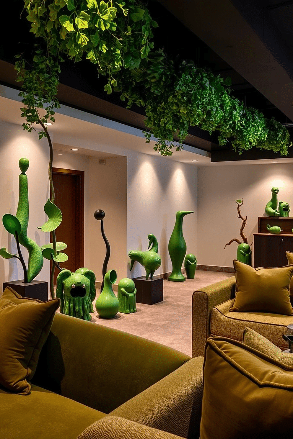 Artistic green sculptures are strategically placed throughout the basement, adding a touch of nature and creativity to the space. The sculptures vary in size and style, ranging from abstract forms to more realistic representations, enhancing the overall aesthetic. The basement features an open layout with soft, ambient lighting that highlights the sculptures and creates a warm atmosphere. Rich, textured fabrics in shades of green and earth tones are used in the furniture, complementing the artistic elements and making the space inviting.