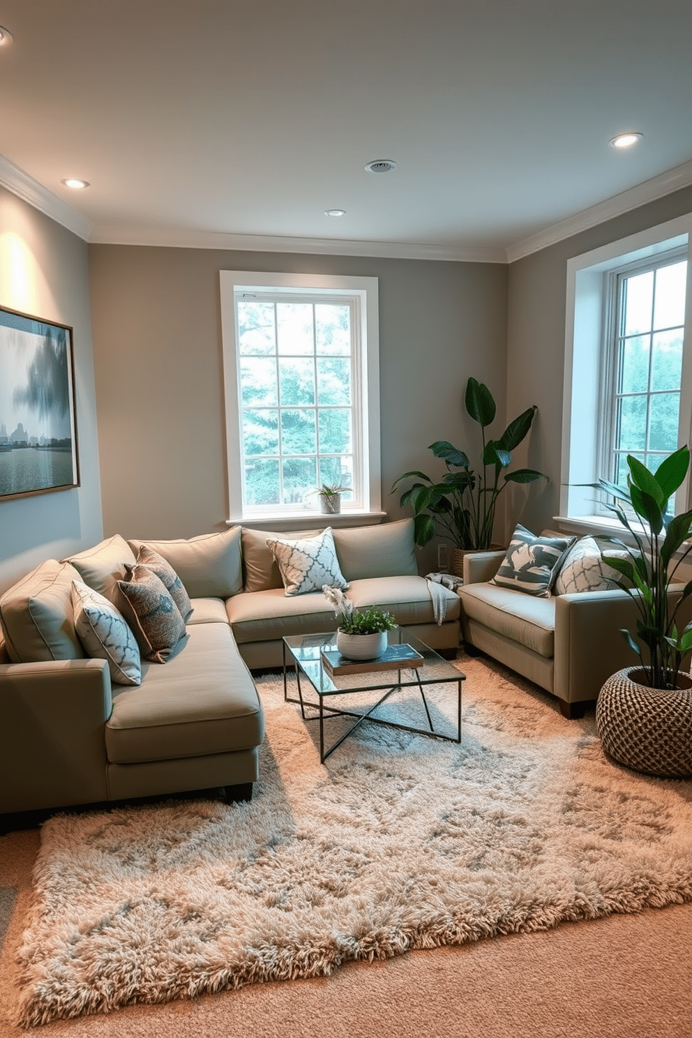 A cozy basement retreat featuring a sage green sectional sofa paired with a plush area rug in complementary tones. The walls are adorned with soft lighting, and large windows allow natural light to filter in, enhancing the inviting atmosphere. In one corner, a stylish coffee table sits atop the rug, surrounded by decorative cushions that add texture and warmth. The decor includes a mix of modern art and plants, creating a refreshing and vibrant space perfect for relaxation and entertainment.