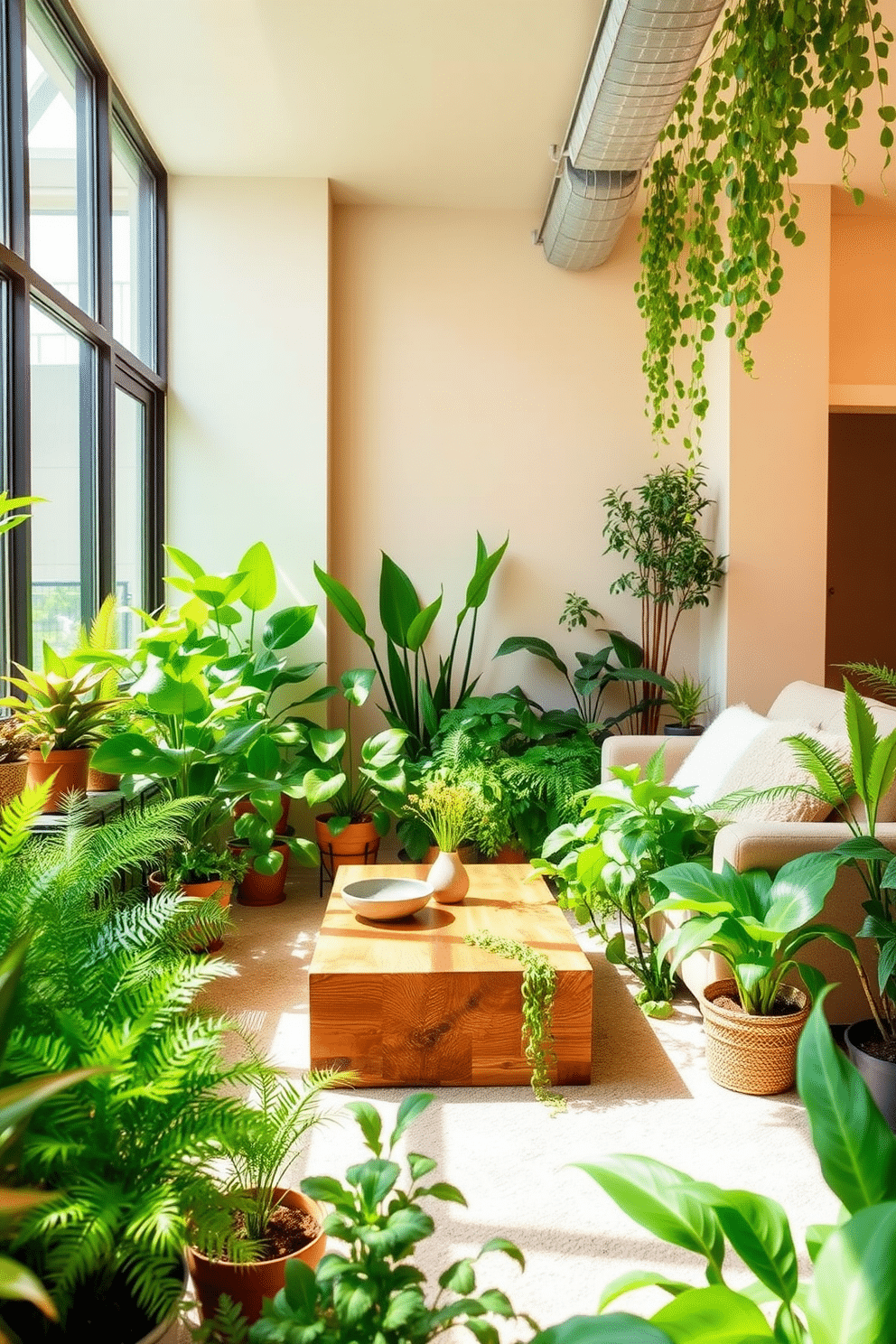 A vibrant basement filled with bright green plants creates a refreshing and lively atmosphere. The walls are painted in a soft, neutral tone to enhance the natural light, while large windows allow for ample sunlight to nourish the greenery. The space features a cozy seating area with a plush sofa surrounded by various potted plants, including ferns and succulents. A stylish coffee table made of reclaimed wood sits in the center, complementing the earthy feel of the decor.