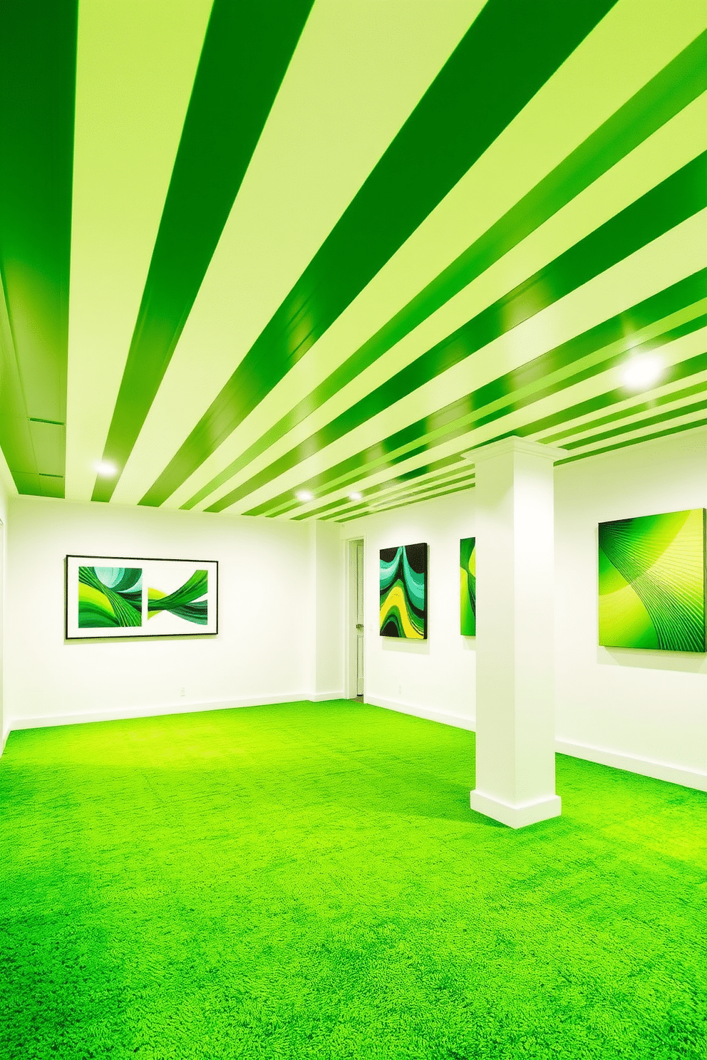 A striking green and white striped ceiling creates a bold focal point in the room, enhancing the sense of height and space. Complementing the ceiling, the walls are painted in a soft white, allowing the vibrant stripes to stand out and energize the atmosphere. For the green basement design, plush emerald carpeting covers the floor, providing warmth and comfort. The walls are adorned with contemporary art pieces that incorporate shades of green, creating a cohesive and inviting environment perfect for relaxation and entertainment.