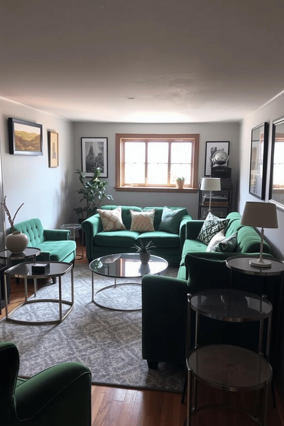 A cozy basement featuring vintage green furniture paired with modern accents. The room includes a plush green velvet sofa, complemented by sleek metal side tables and contemporary art on the walls. Natural light filters in through large windows, highlighting the contrast between the vintage pieces and modern decor. A stylish area rug ties the space together, creating a warm and inviting atmosphere.