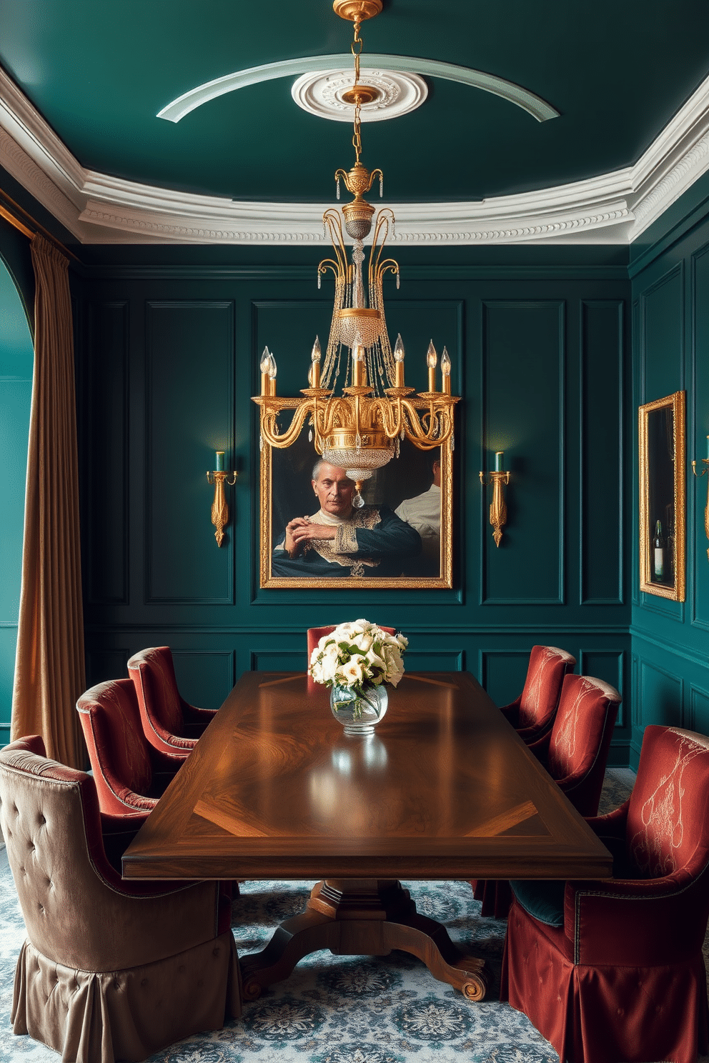 Moody emerald walls create a dramatic backdrop for an elegant dining room, complemented by gold accents that enhance the luxurious atmosphere. A grand wooden dining table takes center stage, surrounded by plush upholstered chairs in rich fabrics, while a stunning chandelier with gold detailing hangs above, casting a warm glow over the space.