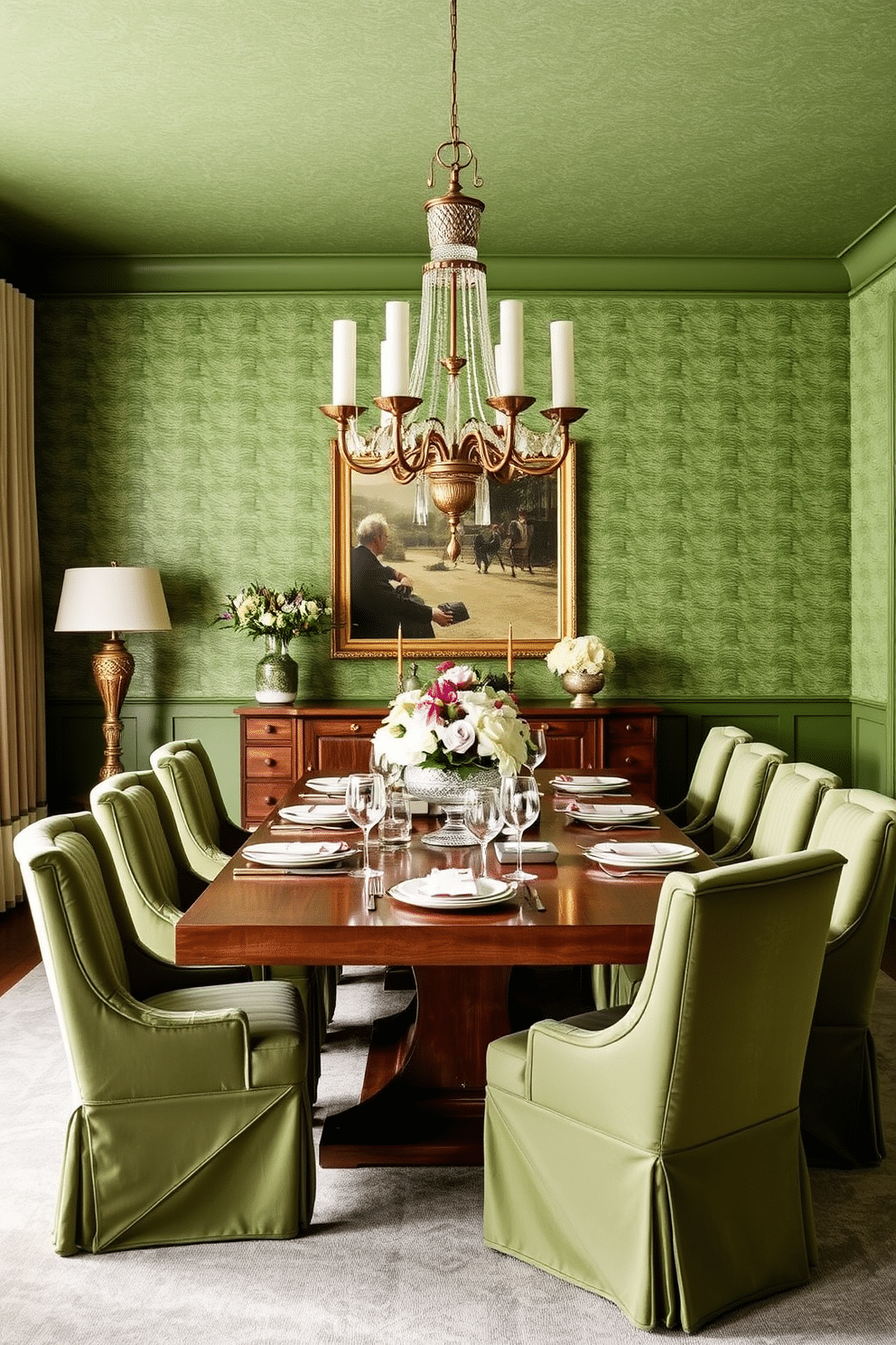 A green dining room featuring textured wallpaper that adds depth and sophistication to the space. A large wooden dining table is centered in the room, surrounded by plush, upholstered chairs in a complementary shade of green. A statement chandelier hangs above the table, casting a warm glow over the setting. Elegant table settings with fine china and fresh floral arrangements enhance the inviting atmosphere, making it perfect for gatherings.