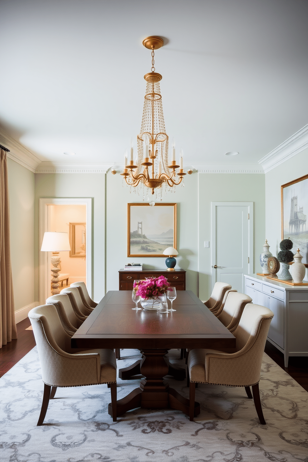 A serene dining room featuring subtle seafoam green walls that create a calming atmosphere. The space is accented with brass fixtures, including a stunning chandelier that casts a warm glow over the table. In the center, a large wooden dining table is surrounded by upholstered chairs in a complementary fabric. A stylish sideboard against one wall displays elegant dinnerware and decorative accents, enhancing the room's sophisticated vibe.