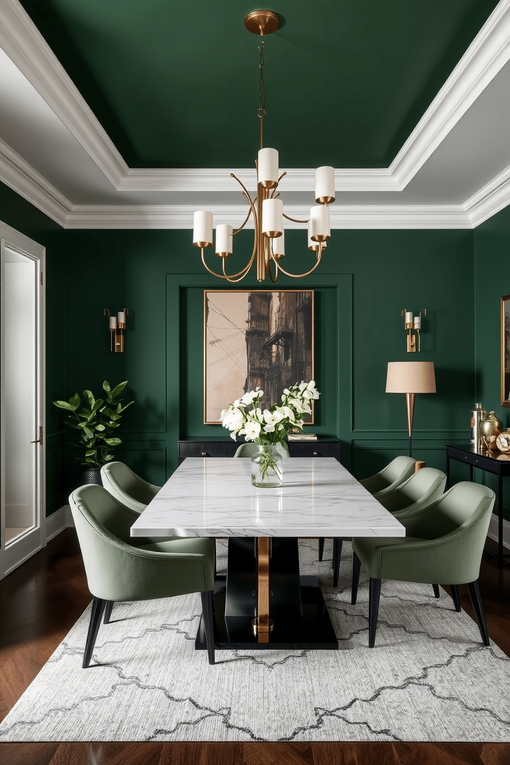 A chic dining room featuring a rich hunter green color scheme. In the center, a sleek marble table is surrounded by elegant upholstered chairs in a complementary shade. The walls are adorned with tasteful artwork that enhances the sophisticated ambiance. Soft, ambient lighting from a modern chandelier casts a warm glow over the space, creating an inviting atmosphere for dining.