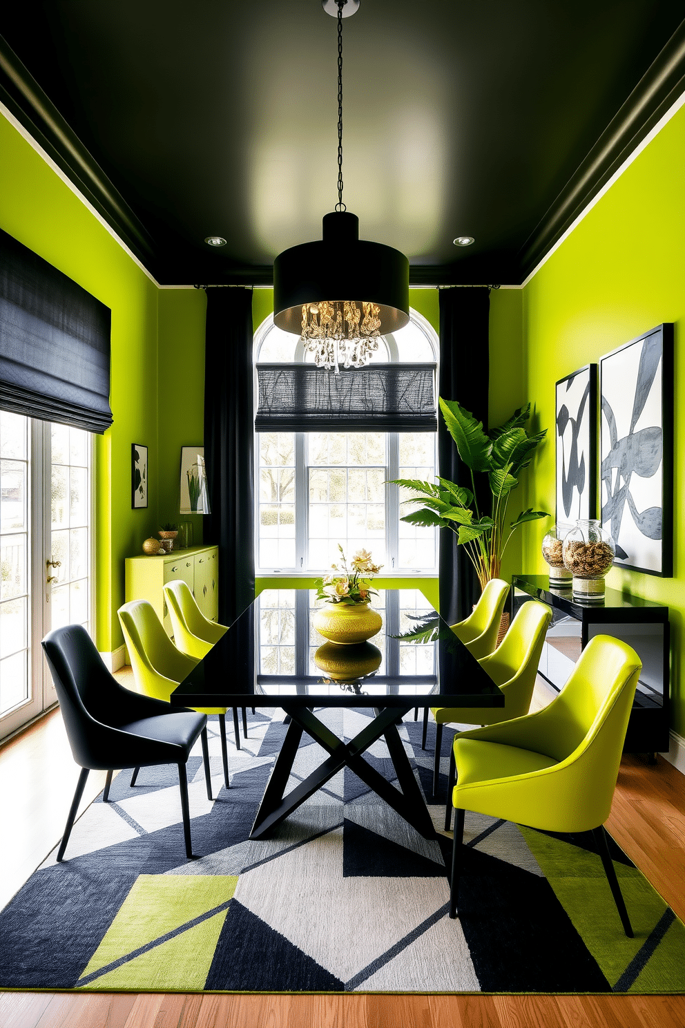 A vibrant dining room featuring chartreuse walls complemented by black accents in the furniture and decor. The centerpiece is a sleek black dining table surrounded by stylish chartreuse chairs, with a bold black chandelier overhead. Large windows allow natural light to flood the space, highlighting a striking geometric area rug in contrasting colors. On the walls, abstract art pieces in black and white add a modern touch, while lush green plants bring life to the room.