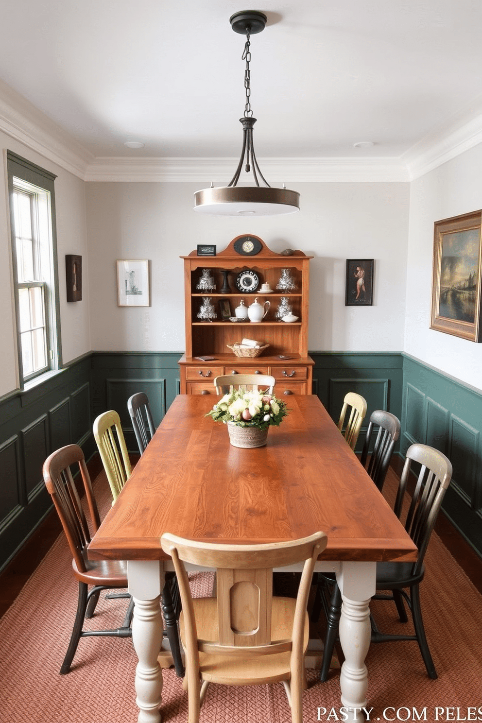 Rustic green wainscoting lines the walls of a cozy dining room, creating a warm and inviting atmosphere. A large farmhouse table, made of reclaimed wood, sits in the center, surrounded by mismatched chairs that add character and charm.