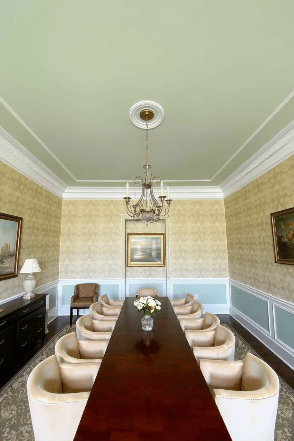 A serene dining room featuring a pale green ceiling that complements the elegant patterned wallpaper on the walls. The space is adorned with a long wooden dining table surrounded by plush upholstered chairs, creating a warm and inviting atmosphere.