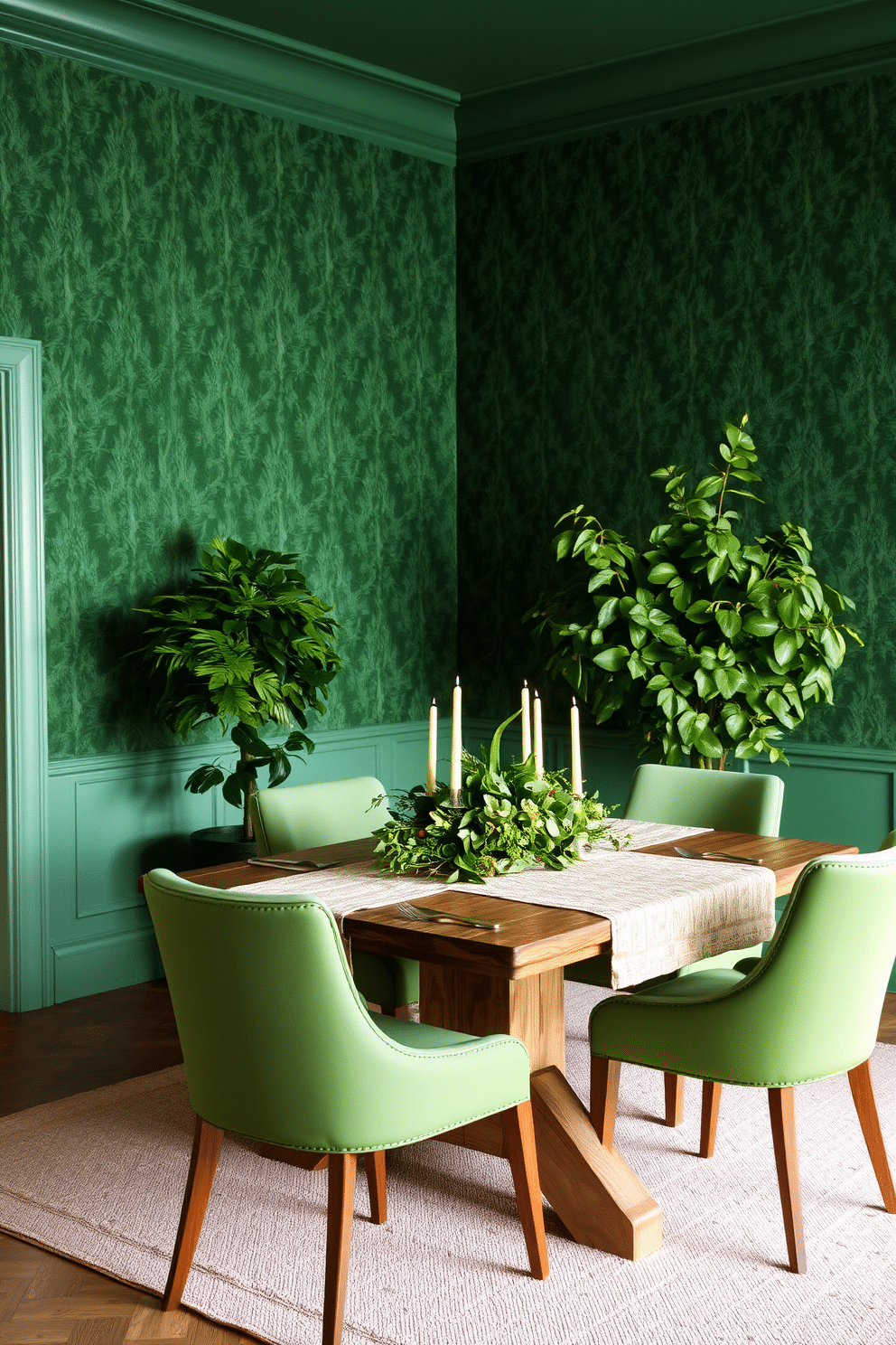 A vibrant green dining room filled with layered greens and mixed textures. The walls are adorned with a deep forest green wallpaper, while a rustic wooden dining table is surrounded by upholstered chairs in varying shades of green. An oversized potted plant stands in one corner, adding a touch of nature to the space. The table is set with a textured linen tablecloth, and a centerpiece of mixed greenery and candles creates an inviting atmosphere.