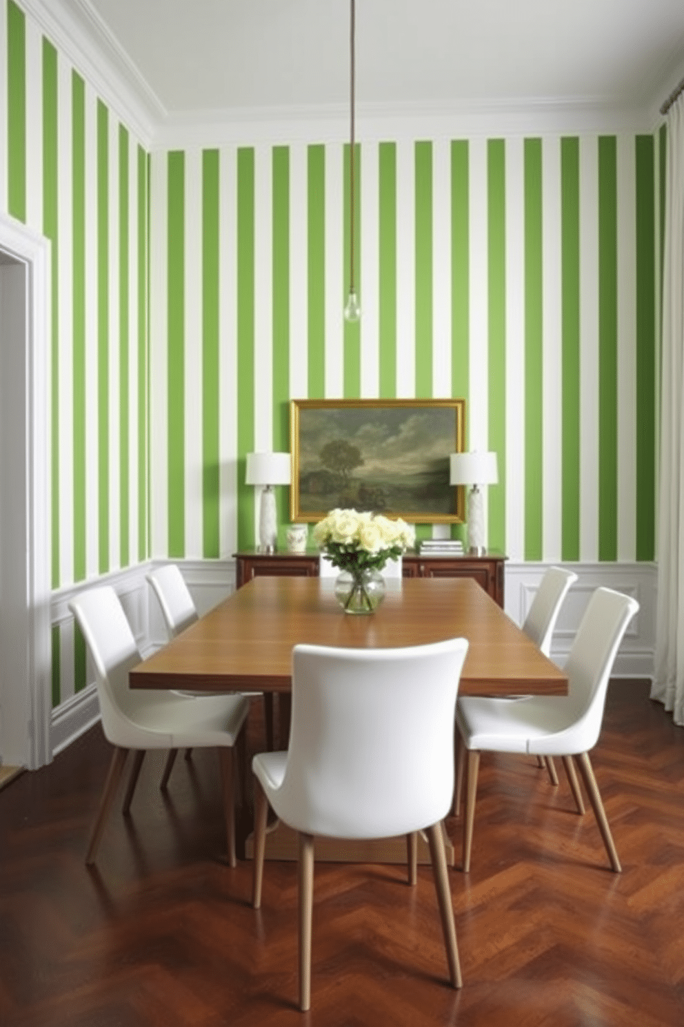 A vibrant green dining room features crisp green and white striped wallpaper that adds a fresh and lively touch to the space. The room is furnished with a sleek wooden dining table surrounded by elegant white chairs, creating a perfect contrast against the bold wallpaper.