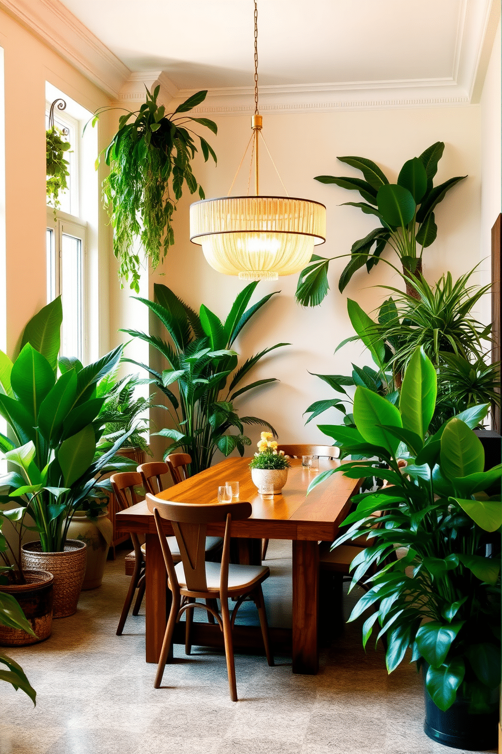 A vibrant dining room filled with tropical green plants creates a lively atmosphere. The space features a large wooden dining table surrounded by stylish chairs, with lush potted plants strategically placed around the room to enhance the natural feel. The walls are painted in a soft, neutral tone to complement the greenery. A statement light fixture hangs above the table, casting a warm glow that invites conversation and connection.