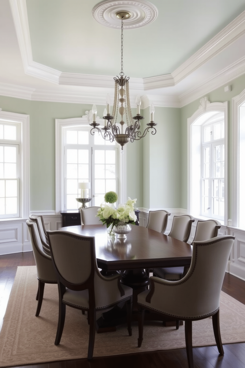 A light sage green dining room features elegant white trim that enhances the space's airy feel. The room is adorned with a large wooden dining table surrounded by upholstered chairs, creating a cozy yet sophisticated atmosphere. Natural light floods the room through large windows, highlighting the soft hues of the walls and the intricate details of the trim. A statement chandelier hangs above the table, adding a touch of glamour to the inviting setting.