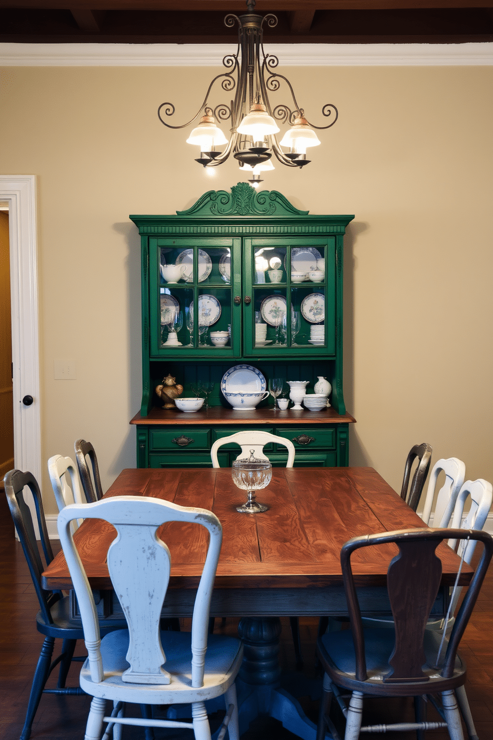 A vintage green china cabinet stands proudly against the wall, showcasing an array of delicate porcelain dishes and antique glassware. The cabinet's intricate carvings and distressed finish add a charming focal point to the room. Surrounding the cabinet, a rustic wooden dining table is set with mismatched vintage chairs, creating an inviting atmosphere. Soft, ambient lighting from a wrought-iron chandelier casts a warm glow, enhancing the room's cozy, nostalgic feel.