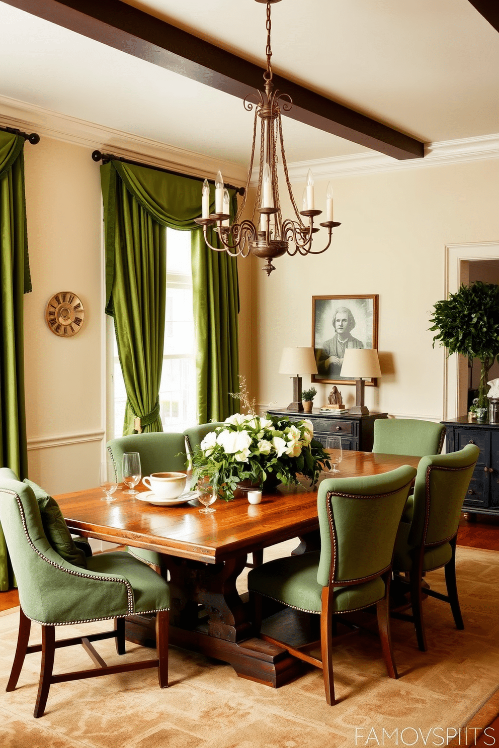 A cozy dining room adorned with lush green textiles. The walls are painted a soft cream, creating a warm backdrop for the rich green curtains and plush upholstered chairs. The dining table is made of reclaimed wood, surrounded by a mix of vintage and modern decor. A centerpiece of fresh greenery and white flowers adds a touch of elegance, while soft lighting from a statement chandelier creates an inviting atmosphere.