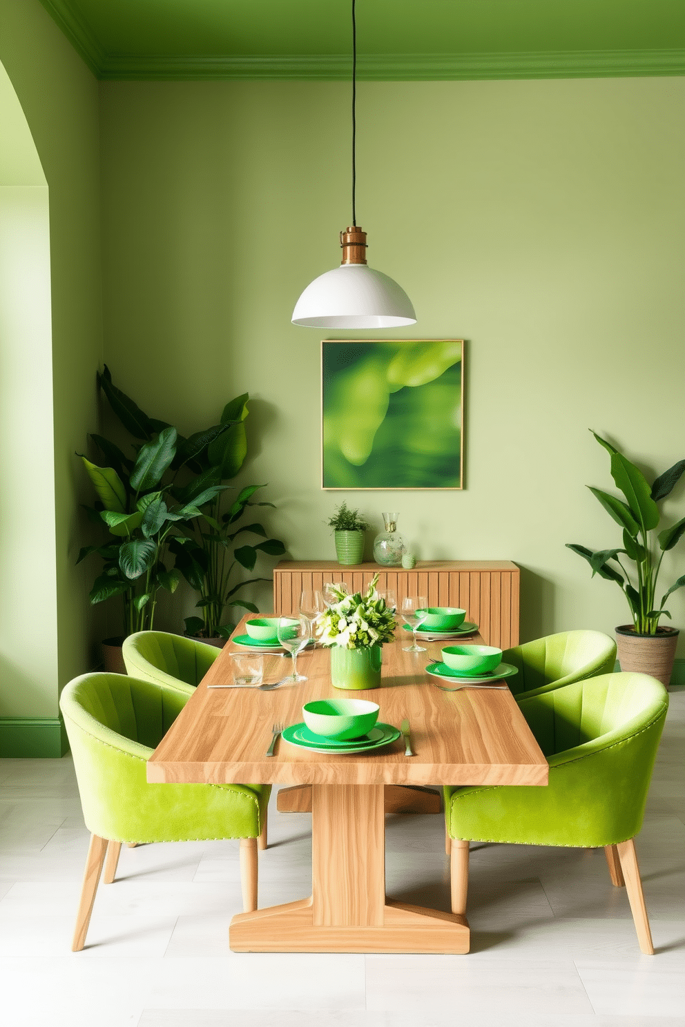 A vibrant green dining room features a sleek wooden dining table adorned with bright green tableware that adds a lively pop of color. Surrounding the table are elegant upholstered chairs in a complementary shade, with a stylish pendant light hanging above to create an inviting atmosphere. The walls are painted in a soft neutral tone to enhance the freshness of the green accents. Lush indoor plants are strategically placed around the room, bringing a touch of nature indoors and enhancing the overall aesthetic.