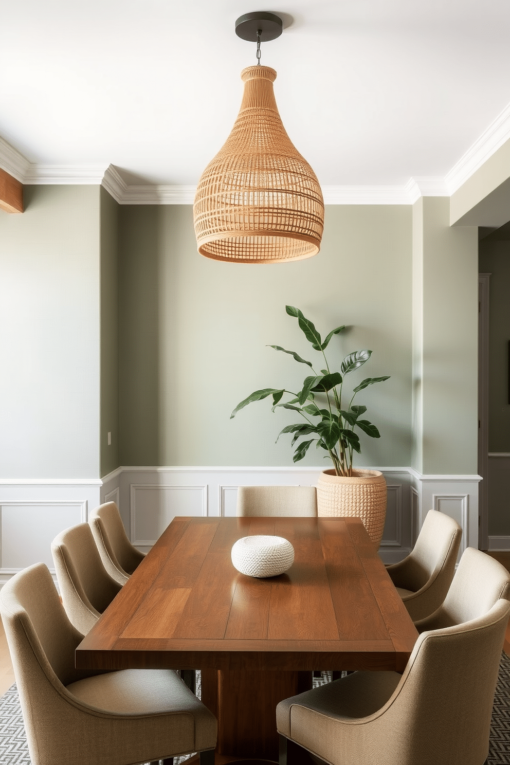 A serene dining room featuring muted sage green walls adorned with natural fiber textures. A large wooden dining table sits at the center, surrounded by upholstered chairs in earthy tones, creating a cozy yet elegant atmosphere. Soft, ambient lighting is provided by a statement chandelier made of woven materials, casting a warm glow over the space. A large, leafy plant in a textured pot adds a touch of nature, enhancing the room's tranquil vibe.