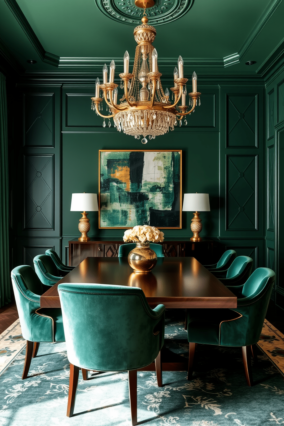 A luxurious dining room featuring art deco elements in rich green tones. The walls are adorned with geometric patterns, complemented by a stunning chandelier that adds a touch of elegance. The dining table is a statement piece, crafted from dark wood with gold accents, surrounded by plush velvet chairs in a deep emerald hue. A large, abstract artwork hangs on the wall, enhancing the sophisticated ambiance of the space.