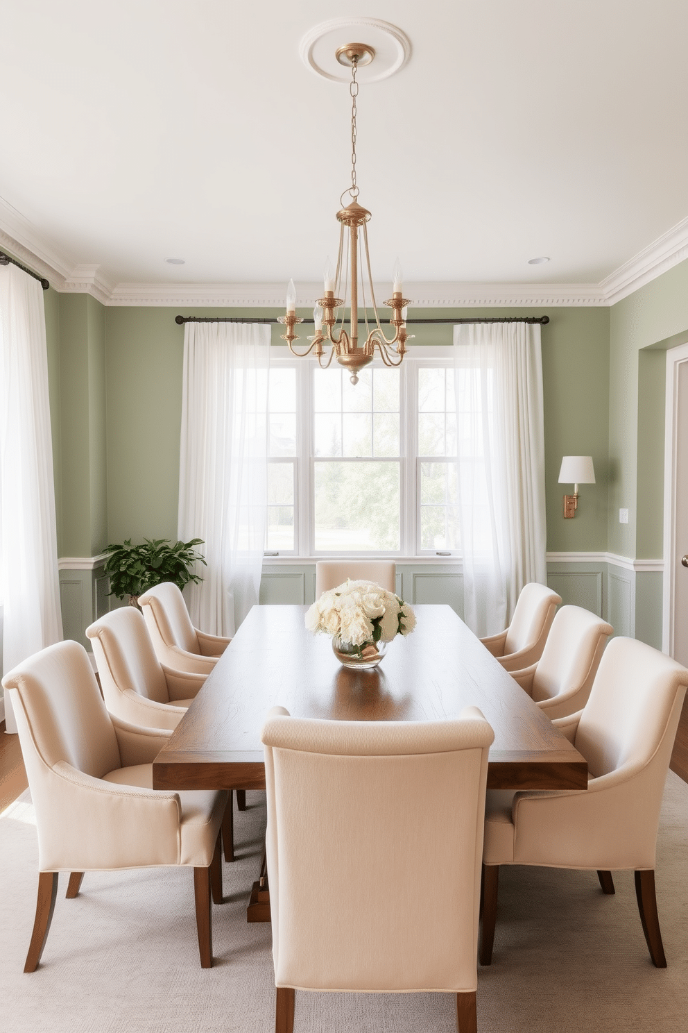 A serene dining room featuring soft green walls complemented by blush accents throughout the space. A large wooden dining table is surrounded by upholstered chairs in a light blush fabric, creating an inviting atmosphere for gatherings. Natural light floods the room through large windows adorned with sheer white curtains, enhancing the tranquil ambiance. A statement chandelier hangs above the table, adding a touch of elegance to the overall design.